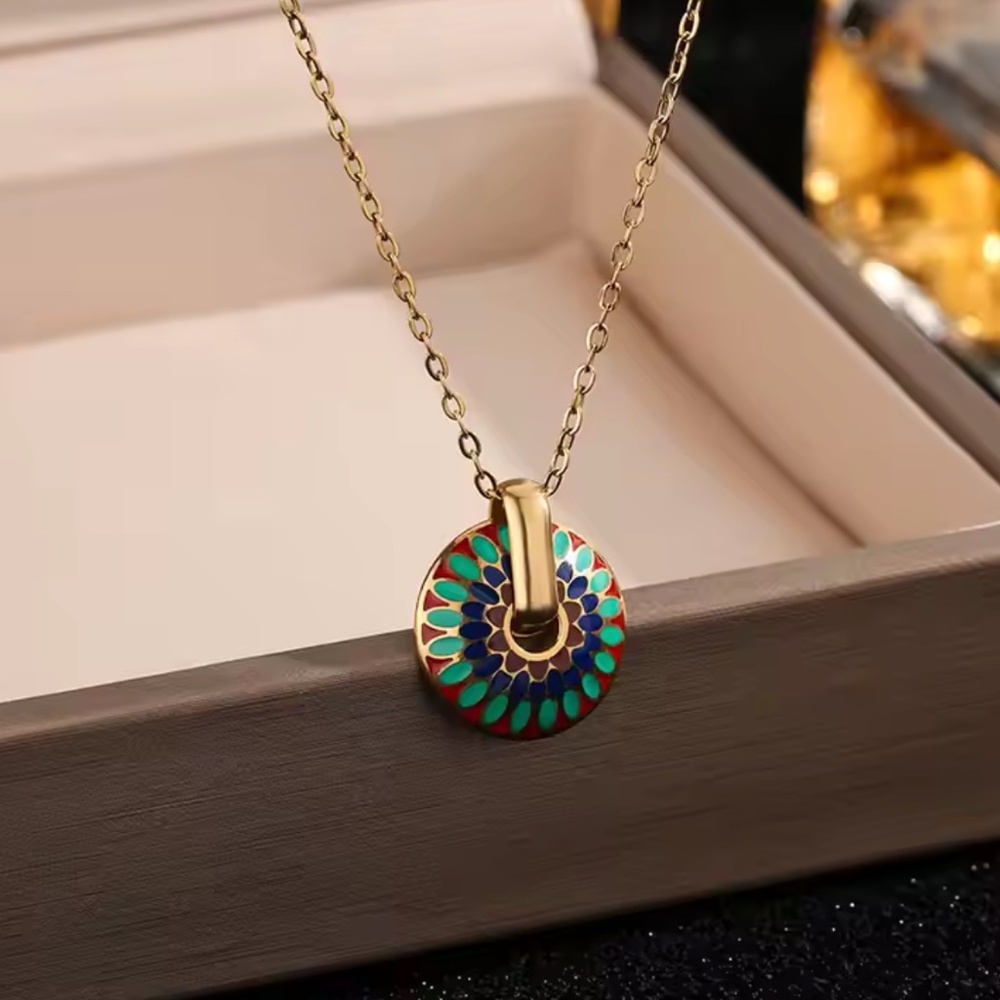 Gold Tone Enamel Mandala Necklace & Hoop Earrings Set , NEW - Picture 7 of 10